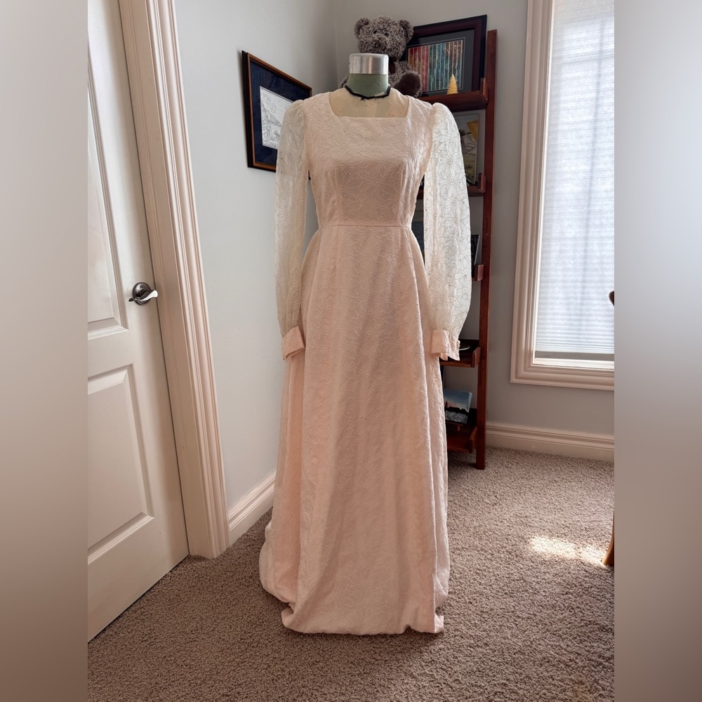 Vintage Custom Wedding Dress, Pink Satin With Cream Floral Overlay, Size S